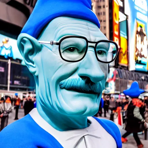 Image similar to a photograph of a very detailed renaissance sculpture of walter white as a smurf in times square, made by michelangelo, from the distance, hyper detailed, sharp focus, 8 k resolution, ray tracing