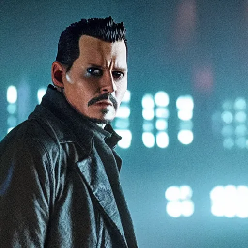 Prompt: cinematic film still of Johnny Depp in Blade Runner 2049