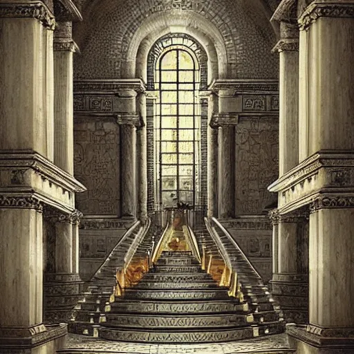 Prompt: fine concept art of a scene representation inspired by the song Hall of the Stairs / Hall of the Mosaics by Andreas Vollenweider, highly realistic and detailed, intricate, photorealistic, cinematic lighting