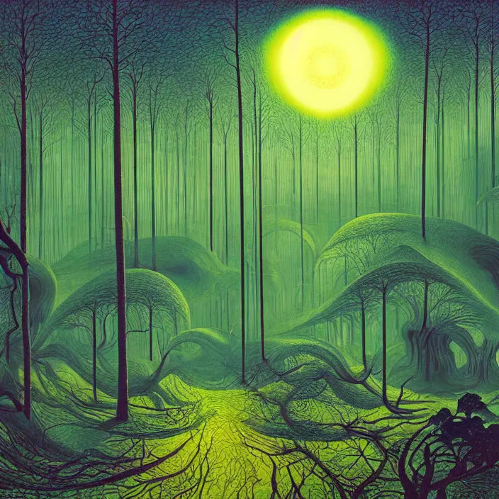 Prompt: charles burchfield art painting, beautiful arboreal forest by Adriaan Herman Gouwe, oregon washington rain forest by beeple, the sun glitchart, glitch effect sunlight, alien dream worlds, hellscape, seascape, with surreal architecture designed mega structures inspired by Garden of Earthly Delights, vast surreal landscape and horizon