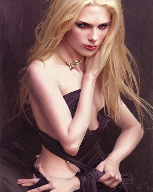 Image similar to portrait of a blonde vampire, dark, piercing eyes, gentle expression, elegant clothing, photorealistic, highly detailed, artstation, smooth, sharp focus, art by michael whelan, artgerm, greg rutkowski and alphonse mucha