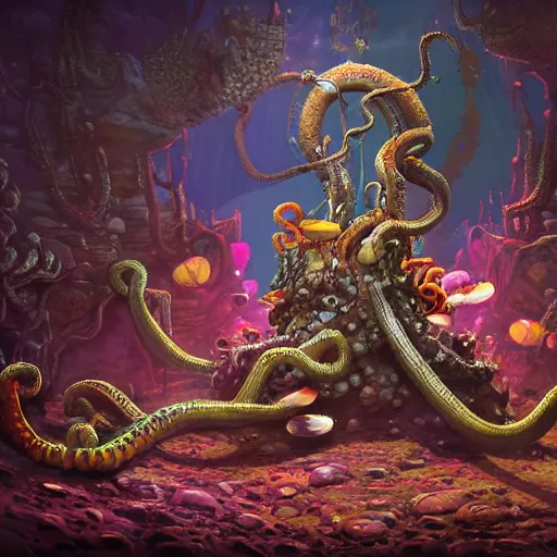 Prompt: dystopian fantasy undersea rock concert. On stage, the drummer is squid woman with tentacles playing a big rock&roll drum kit, by Philipp A. Urlich and Pengzhen Zhang an Andreas Rocha, fantasy, intricate, elegant, highly detailed, digital painting, artstation, blender, unreal engine 5, octane render, smooth, sharp focus, illustration