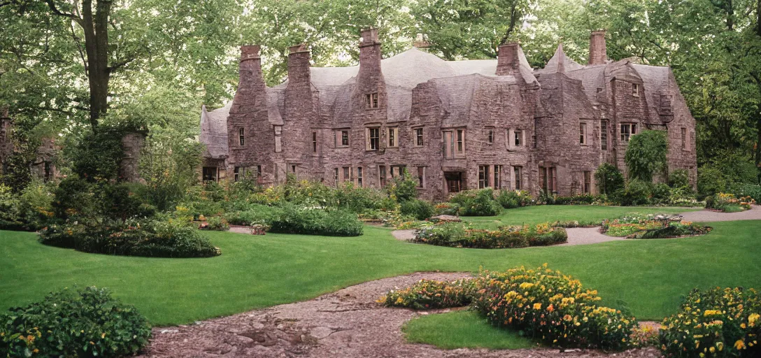 Prompt: scottish blackhouse mansion designed by daniel burnham. outdoor landscaping designed by fredrick law olmsted. fujinon premista 1 9 - 4 5 mm t 2. 9. portra 8 0 0.