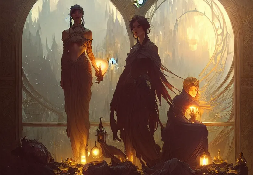 Image similar to the council of the first circle, fantasy magic, dark light night, intricate, elegant, sharp focus, illustration, highly detailed, digital painting, concept art, matte, art by wlop and artgerm and greg rutkowski and alphonse mucha, masterpiece