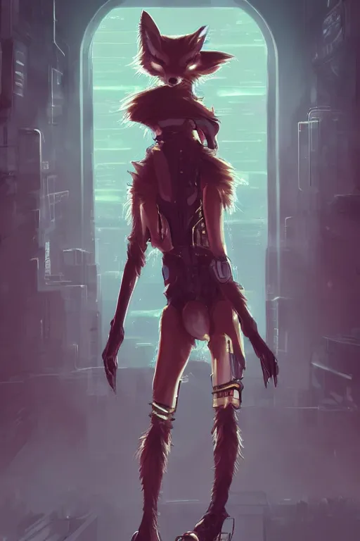 Image similar to an anthropomorphic cyberpunk fox, backlighting, trending on artstation, digital art, furry art, trending on furaffinity, fantasy art, by kawacy, view from behind, fluffy tail