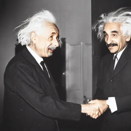 Prompt: Albert Einstein shaking hands with xqc