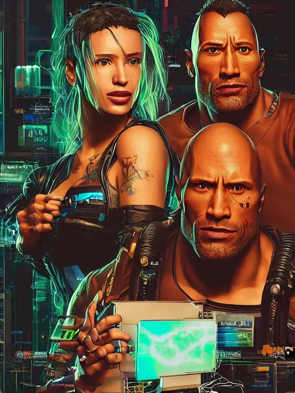 Prompt: a cyberpunk 2077 couple portrait of Dwayne Johnson holding a female android,complex mess of cables and wires behind them connected to giant computer,love,film lighting,by laurie greasley,Greg Hildebrandt,Tom Lovell,Dan Mumford, trending on atrstation,full of color,face enhance,highly detailed,8K, octane,golden ratio,cinematic lighting
