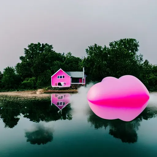 Image similar to a 5 0 mm lens photograph of a cute pink floating modern house, floating in the air between clouds, inspired by the movie up, held up from above by a heart - shaped ballon. mist, playful composition canon, nikon, award winning, photo of the year