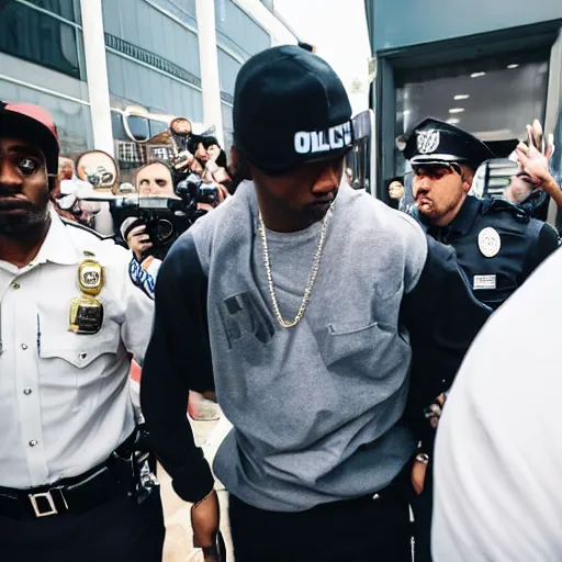 Image similar to rapper leaving a police station surrounded by paparazzi and fans after being arrested, ultra realistic, photorealistic, dynamic light, symmetry faces, cinematic