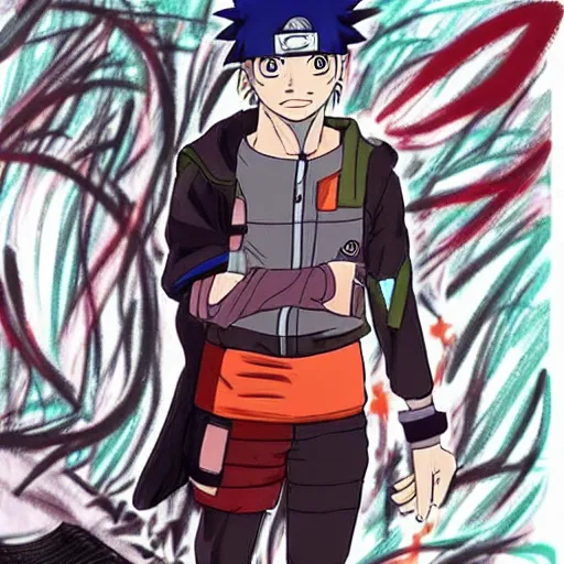 Image similar to a colored sketch of Naruto wearing casual clothes in the art style of Koyoharu Gotouge