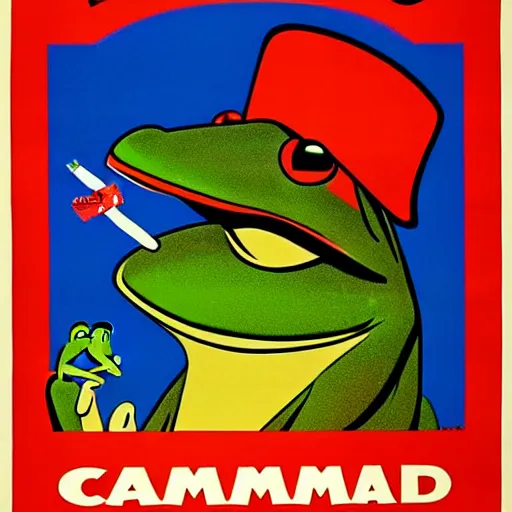 Image similar to A 1960's poster for Camel cigarettes with Camel Joe as a frog smoking a cigarette