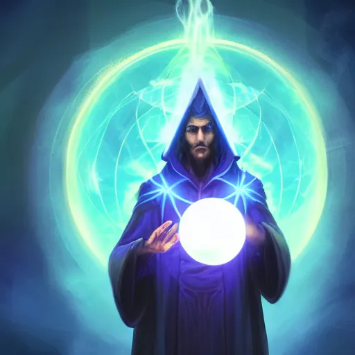 Prompt: a warlock is casting a magic spell, while magic orb is floating in his hand, the magic orb emit a blueish vapour, dynamic pose, chromatic aberration , medium level shot, Mucha style , Grim fantasy, illustration ,concept art,