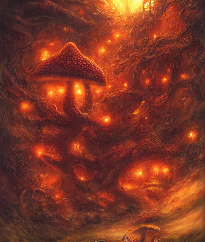 Image similar to Mushroom Dragon, fantasy artwork, godrays, warm colors, by seb mckinnon