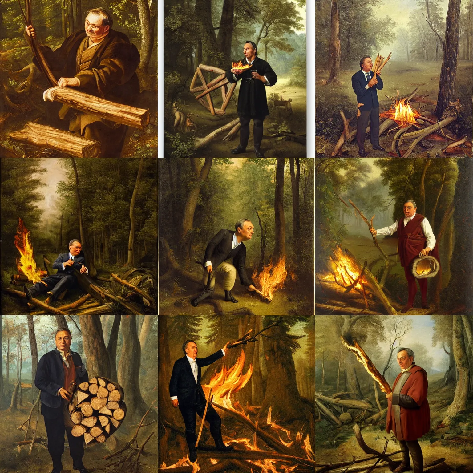 Prompt: viktor orban in a forest, holding a burning wood piece, by skovgaard