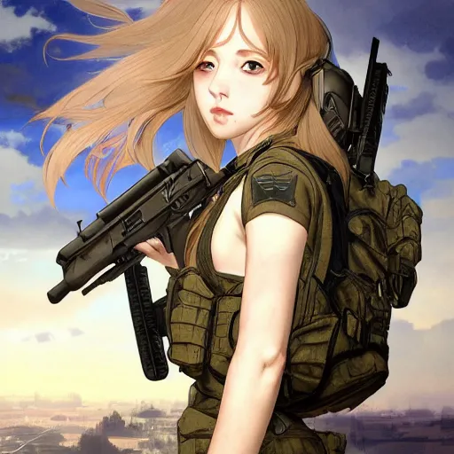 Prompt: soldier girl, army, anime style, long hair, hair down, symmetrical facial features, girls frontline cg, hyper realistic, pale skin, 4 k, rule of thirds, extreme detail, detailed drawing, trending artstation, hd, heavy backpack, d & d, realistic lighting, by alphonse mucha, greg rutkowski, sharp focus, backlit