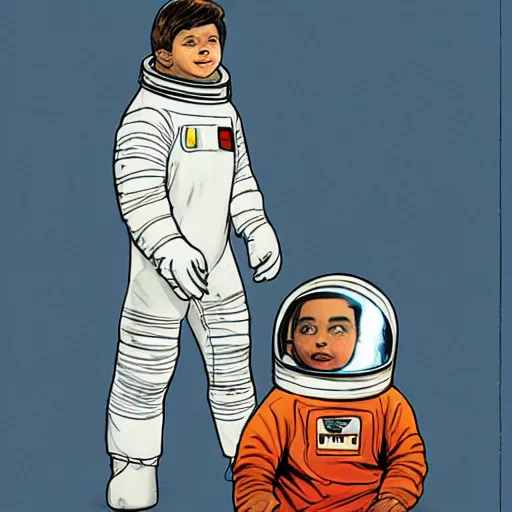 Image similar to Sergio Bleda and Jérémy Petiqueux and Alex Maleev color sketch of a boy super scientist in a retro home made astronaut suit