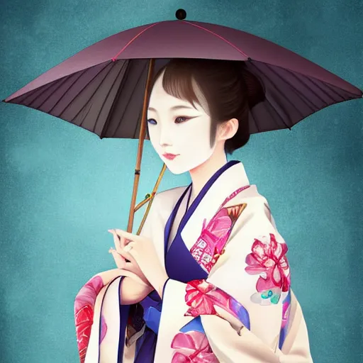 Image similar to centered portrait of beautiful Kawai Japanese girl in kimono holding an umbrella, hyperdetailed, digital painting, trending on CG society