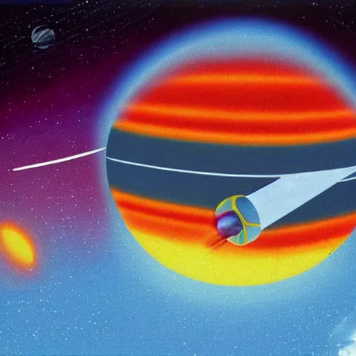Prompt: nasa spacecraft entering the atmosphere of a planet, 1 9 7 0 s illustration, saturated colors