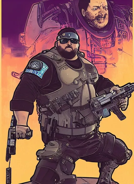 Image similar to cyberpunk paul blart fighting real cop. portrait by ashley wood and alphonse mucha and laurie greasley and josan gonzalez and james gurney. spliner cell, apex legends, rb 6 s, hl 2, d & d, cyberpunk 2 0 7 7. realistic face. vivid color. dystopian setting.