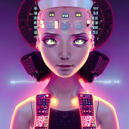 Prompt: a kawaii puerto rican goddess staring through the mothership of your souls, wearing a headpiece made of circuit boards and empathy machines, by alastair reynolds, ilya kuvshinov and stanley kubrick, pink, trending on artstation, cinematic, 3 d render, photorealistic