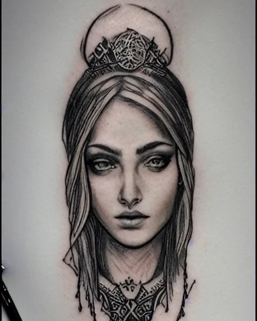 Image similar to tattoo sketch of beautiful greek goddess aphrodite with arrowhead earrings, beautiful piercing eyes, flowing blonde hair, realistic face, hyper realistic, in the style of greg rutkowski, fantasy, amazing detail, epic, intricate, elegant, smooth, sharp focus