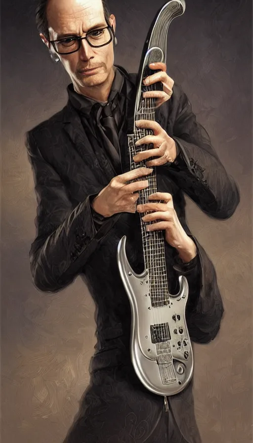 Prompt: MD Chefe, wearing glasses, holding a silver electric guitar, with a dramatic looking, behind him is a music studio beautiful bone structure, intricate, elegant, highly detailed, digital painting, artstation, concept art, smooth, sharp focus, illustration, art by artgerm and greg rutkowski and alphonse mucha.
