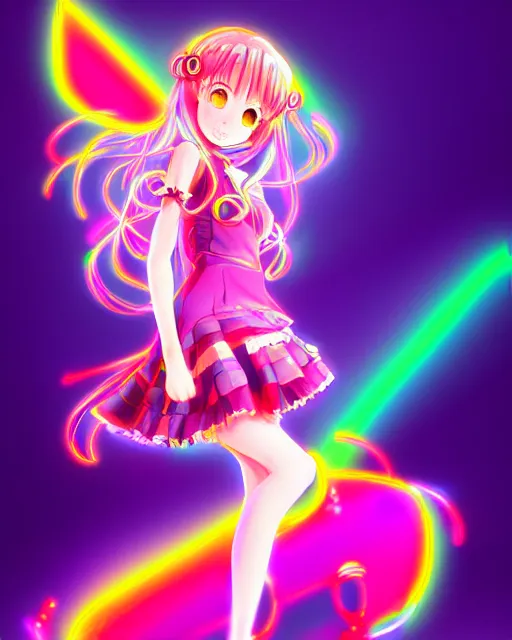 Image similar to anime style, vivid, expressive, full body, 4 k, painting, a cute magical girl idol with a long wavy colorful hair wearing a colorful dress, correct proportions, stunning, realistic light and shadow effects, neon lights, studio ghibly makoto shinkai yuji yamaguchi