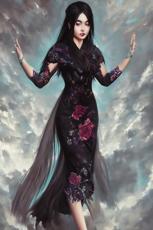 Prompt: photorealistic portrait of a dark mystical goddess wearing a qipao dress, environmental, fantasy, atmospheric, hyper realistic, artstation, art by artgerm, andres rodriguez and john william waterhouse