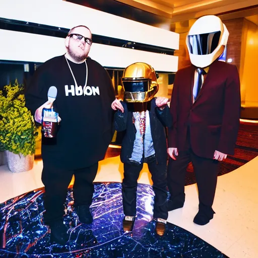 Image similar to Jonah Hill X Daft Punk. They are at the Hilton Garden Inn lobby. Hotel lobby. Weird robotman daft punk. Man with helmet. Jonah hill famous actor. Meeting. Hilton. 4k photography