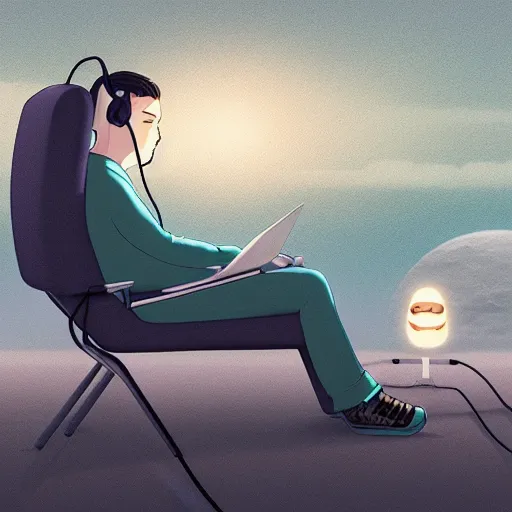 Image similar to medium shot of male wearing headphones sitting on the moon, calm, soothing, relaxed, cosy, quiet, elegant, cybernetic, glows, digital painting, Hayao Miyazaki, realism,