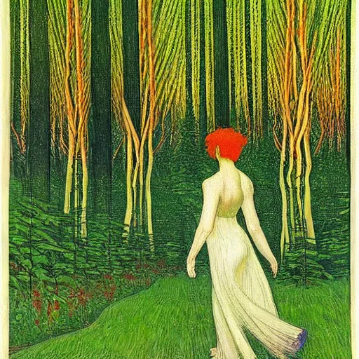 Prompt: a person walking through a forest, art by ivan bilibin and giacomo balla,