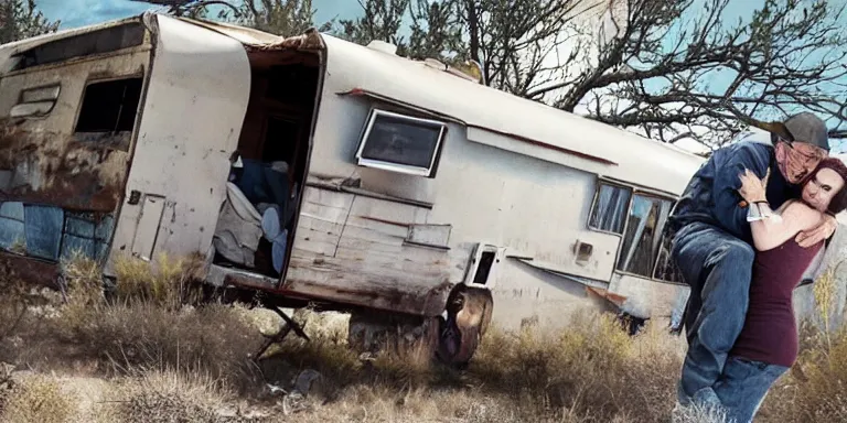 Image similar to film still of walter white carrying kim kardashian into an old derelict rv on the tv show breaking bad, cinematic-shot, 4k