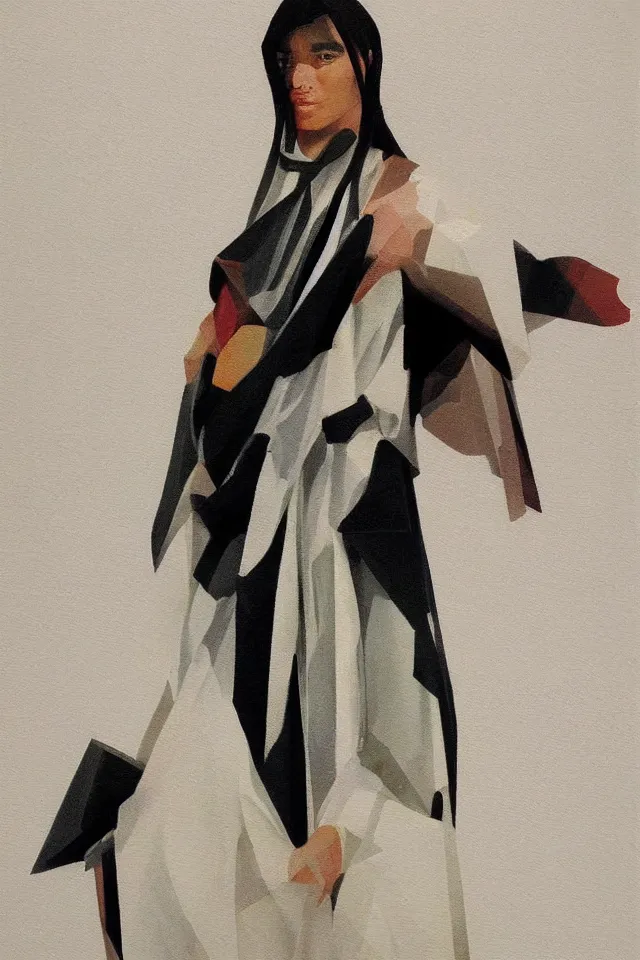 Image similar to sfumato renaissance oil painting of a modern shaman, modern minimal isei miyake outfit, in the style of vogue, syd mead, concept art