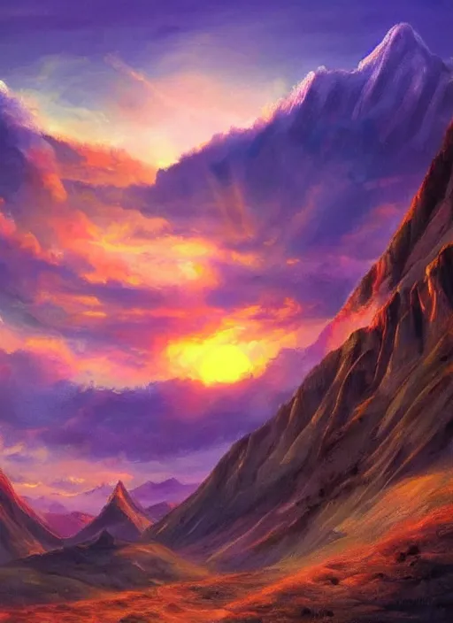 Image similar to a beautiful concept art painting of a sunrise on a peruvian mountain, beautiful lighting, fantasy art