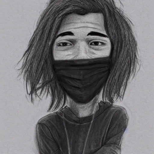 Image similar to professional pencil sketch of a young adult man with slightly long hair wearing a black face mask and an oversized dark sweatshirt and dark sweatpants, high quality, HD, 8K, highly detailed, award-winning