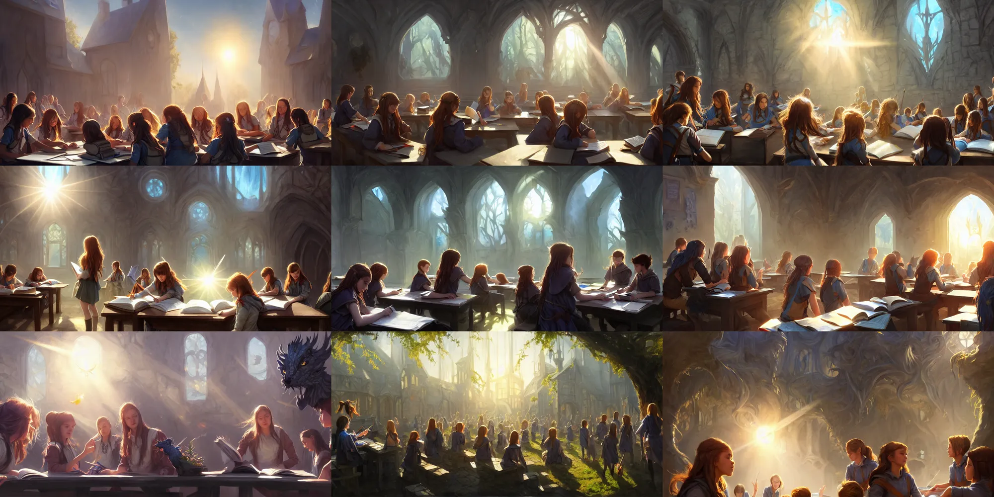 Prompt: Strixhaven school for gifted magical beings, D&D fantasy, magical school, close-up group of students studying, school courtyard, bright day light sun, bloom, lens flare, highly detailed, digital painting, trending on artstation, pixiv, concept art, sharp focus, illustration, art by Greg Rutkowski