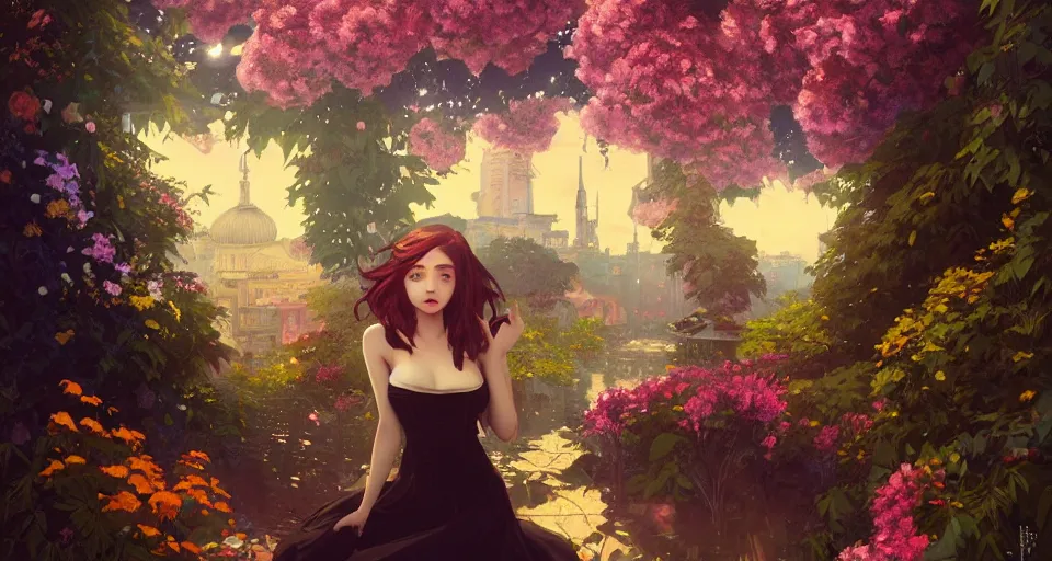 Image similar to a girl with clothed in flowers behind a steampunk city, night setting. realistic shaded lighting poster by ilya kuvshinov katsuhiro, magali villeneuve, artgerm, jeremy lipkin and michael garmash, rob rey and kentaro miura style, trending on art station, surrounded by foliage, dreamy autochrome pinhole photography