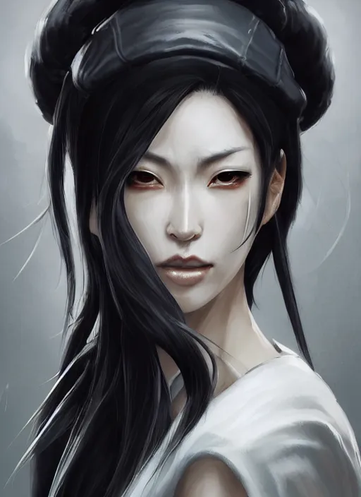 Image similar to a highly detailed illustration of fierce tall amazon messy ponytail black haired one armed delinquent japanese woman wearing white cap wearing long white jacket with cape, powerful imposing pose, muscular, perfect face, intricate, elegant, highly detailed, centered, digital painting, artstation, concept art, smooth, sharp focus, league of legends concept art, wlop.