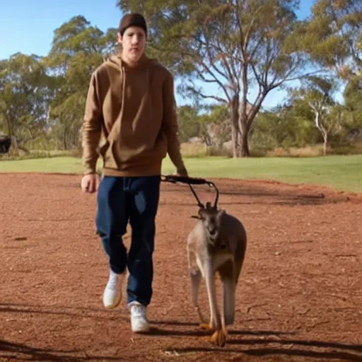 Image similar to Pete Davidson!!! walking a kangaroo, still from a 4k movie,