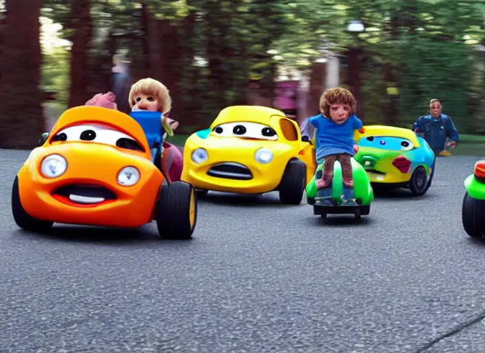 Image similar to peter dinklage racing vin diesel driving a little tikes cozy coupe cars, movie still, from the new fast and furious movie, 8 k, realistic