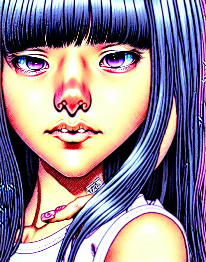 Image similar to extremely detailed color ink pen  illustration depicting an extreme close up face of a dainty young truant female stoner prep highschool school student with medium length silky straight iridescent black hair and lightly suntanned skin, illustrated by Artgerm and Range Murata.