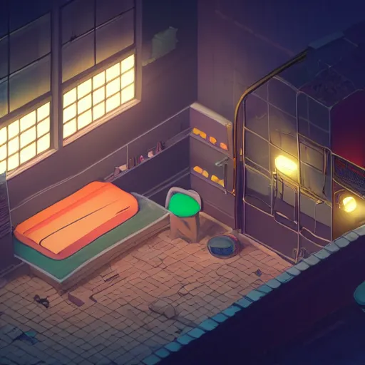 Prompt: Isometric game, 4k, dramatic lighting, unreal engine, abandoned apartment, night lights