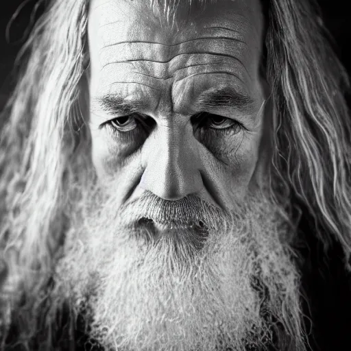 Prompt: a closeup black and white studio photographic portrait of gandalf, dramatic lighting