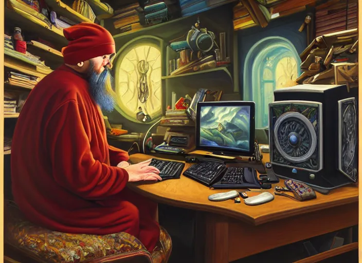 Prompt: classic oil painting, side view of a fantasy wizard using a pc, gaming, retro 6 0 s computer, sitting inside a cluttered storage room, wearing a nightcap, cottagecore, long wavy beard, keyboard, extremely detailed, digital illustration, concept art, readability, smooth, sharp focus, art by alex grey, art by brothers hildebrandt