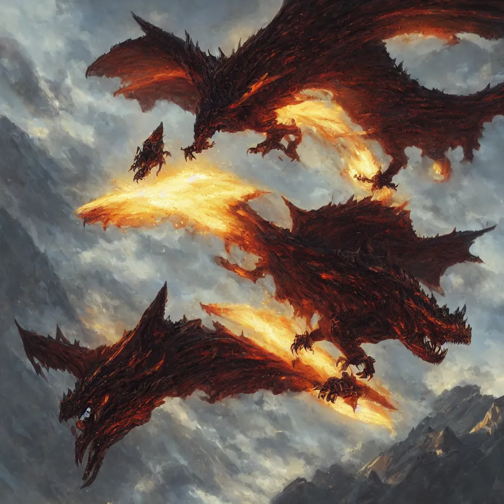 Prompt: oil painting of one deathwing dragon flying down on earth by greg rutkowski, closed up view