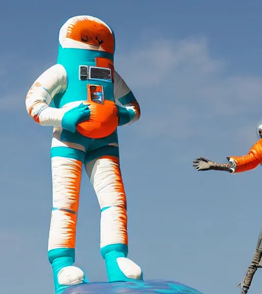 Prompt: an tall giant inflatable astronaut in an orange and teal suit, stood in mist. highly detailed