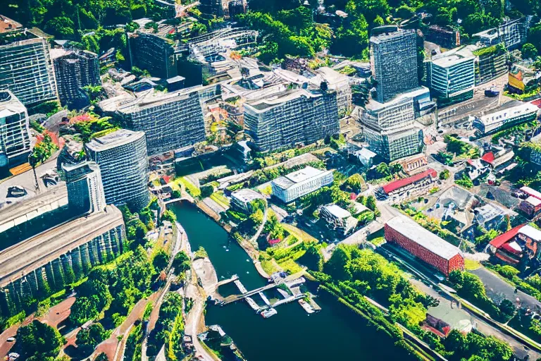 Image similar to bird's eye view photography of a small city. town hall, central farm, monorail station, beach and harbor. hills, woods and lake to the north.