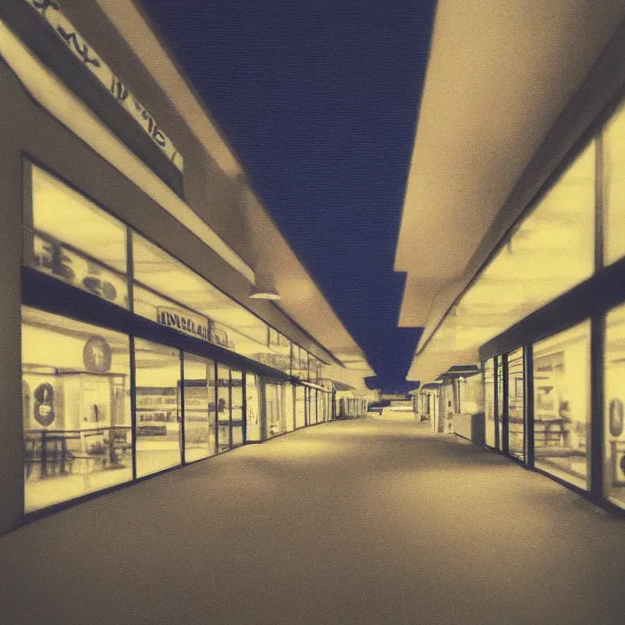 Image similar to liminal polaroid of a retro mall at night, art by dariusz zawadski, deep depth of field. highly detailed, hyper realism, hd, 4 k