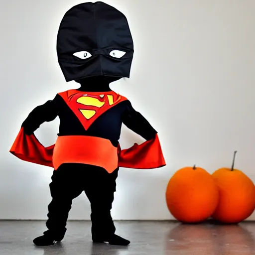 Image similar to an orange fruit character, little black eyes, wearing a superhero cape