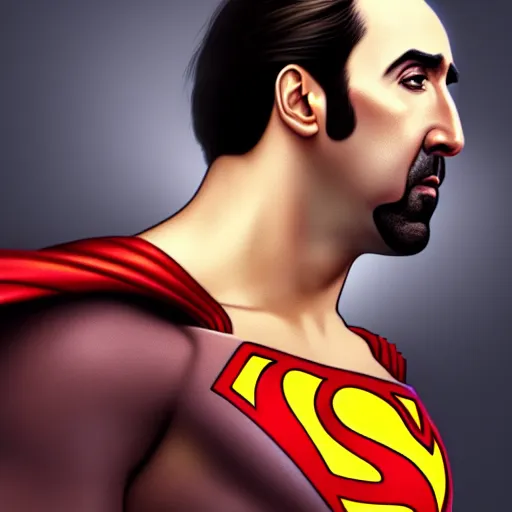 Prompt: upper body portrait of nicolas cage as superman, intricate, elegant, highly detailed, digital painting, artstation, concept art, smooth, sharp focus, illustration, art by artgerm and greg rutkowski and alphonse mucha, 8 k